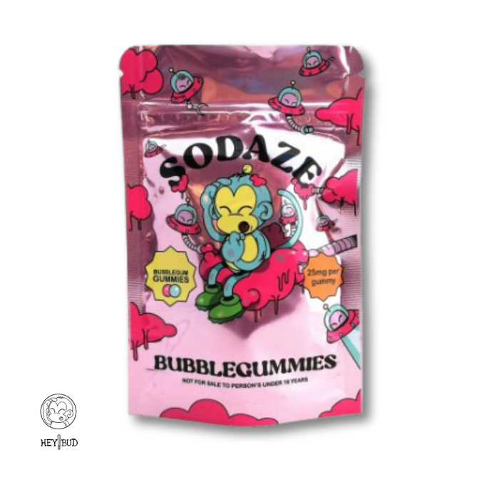 Pink Packet of Sodaze Bubblegum Flavoured Cannabis Edibles. Packet contains 4x25mg  Gummies